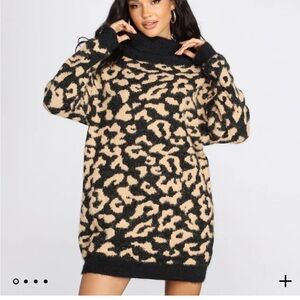 Angora Knit Leopard Print Sweater Dress